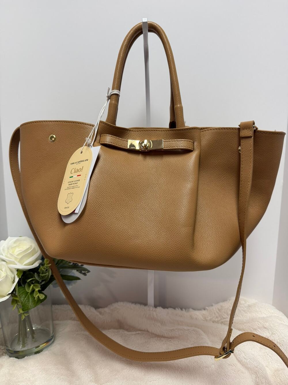 NEW Viola Castellani 2-Way Genuine Leather Bag Made in Italy - Carmel/Tan Color